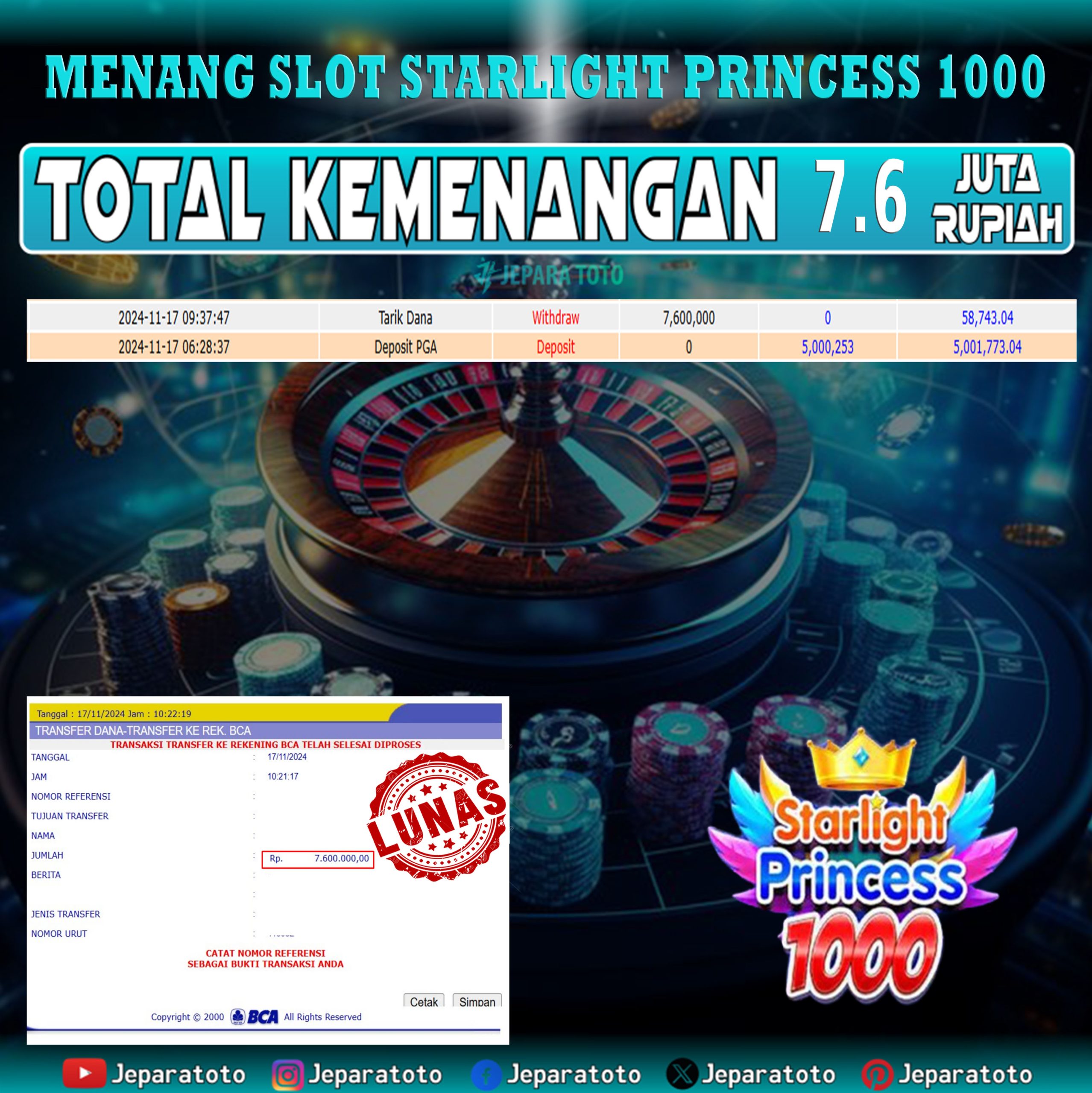 BUKTI KEMENANGAN SLOT STARLIGHT PRINCESS 1000 MEMBER JEPARATOTO