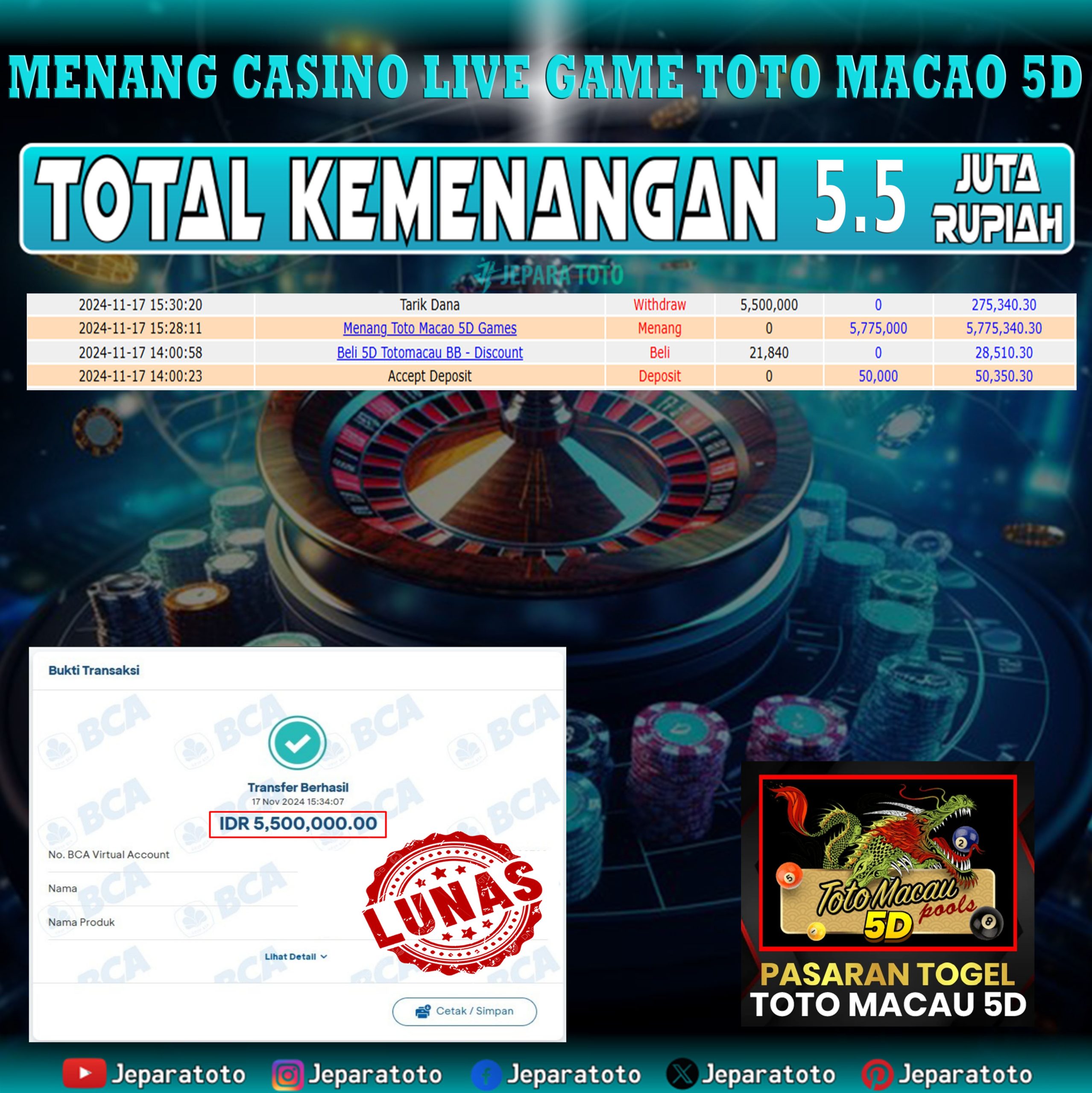 BUKTI KEMENANGAN CASINO LIVE GAME TOTO MACAO 5D MEMBER JEPARATOTO