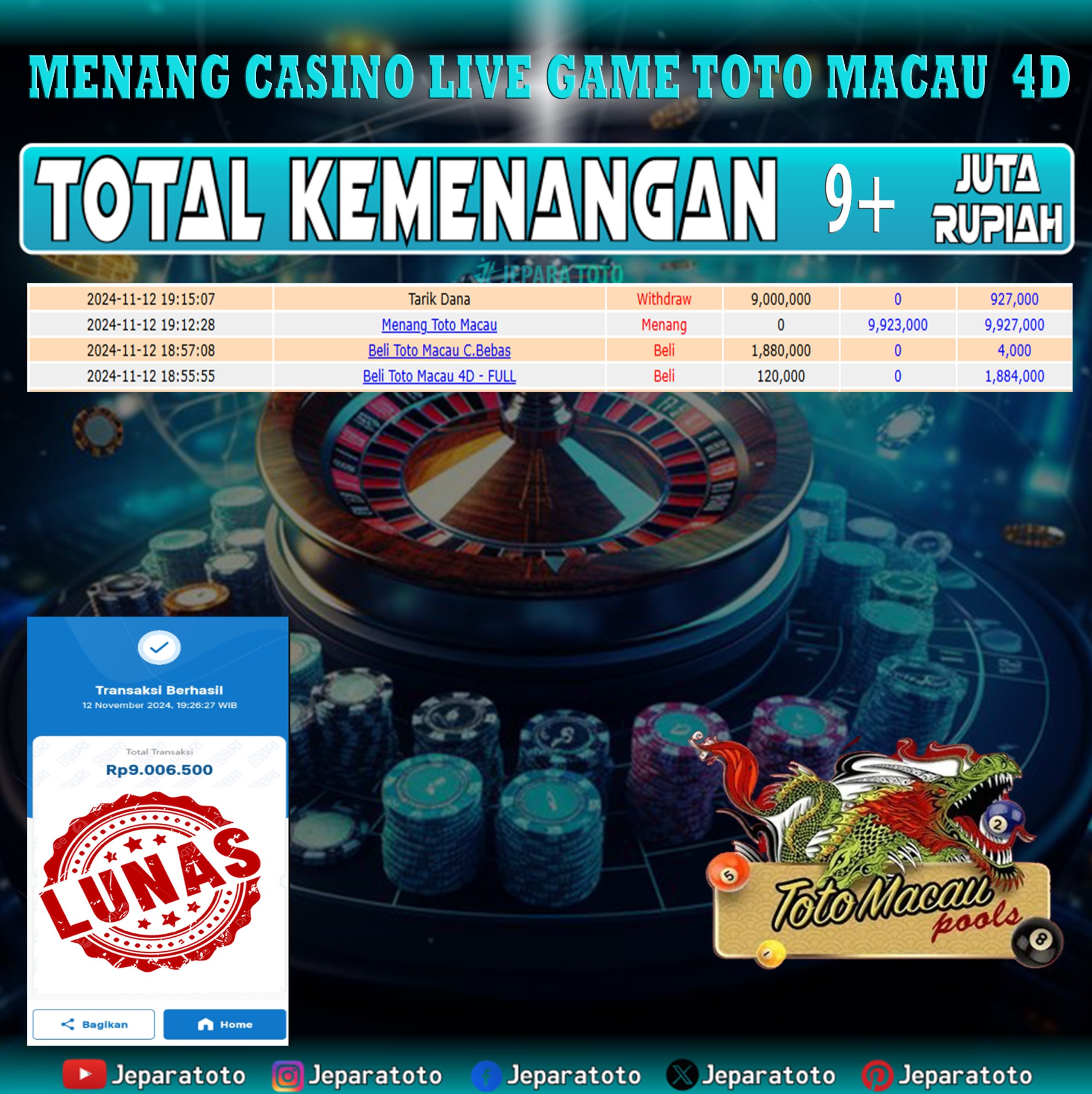 BUKTI KEMENANGAN CASINO LIVE GAME TOTO MACAU 4D MEMBER JEPARATOTO