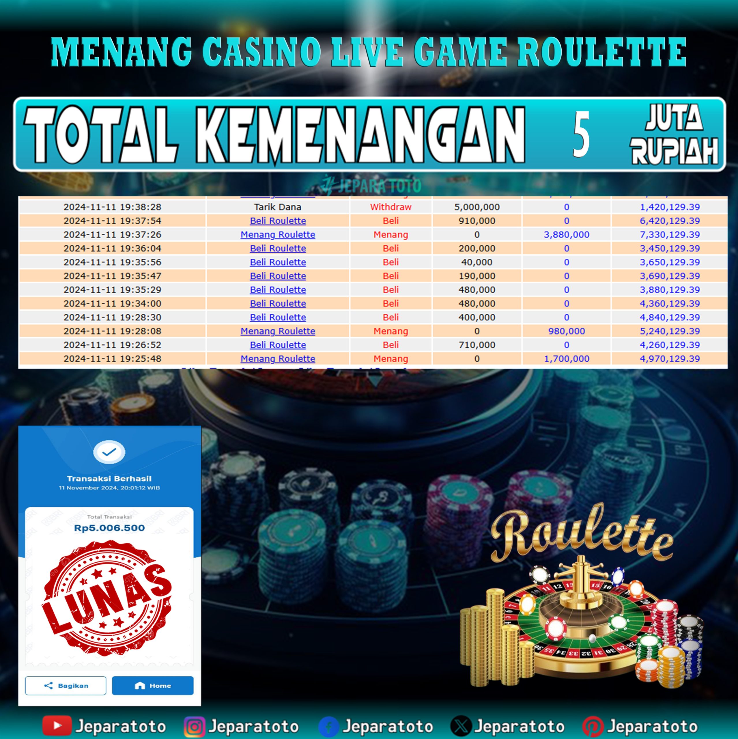 BUKTI KEMENANGAN CASINO LIVE GAME ROULETTE MEMBER JEPARATOTO