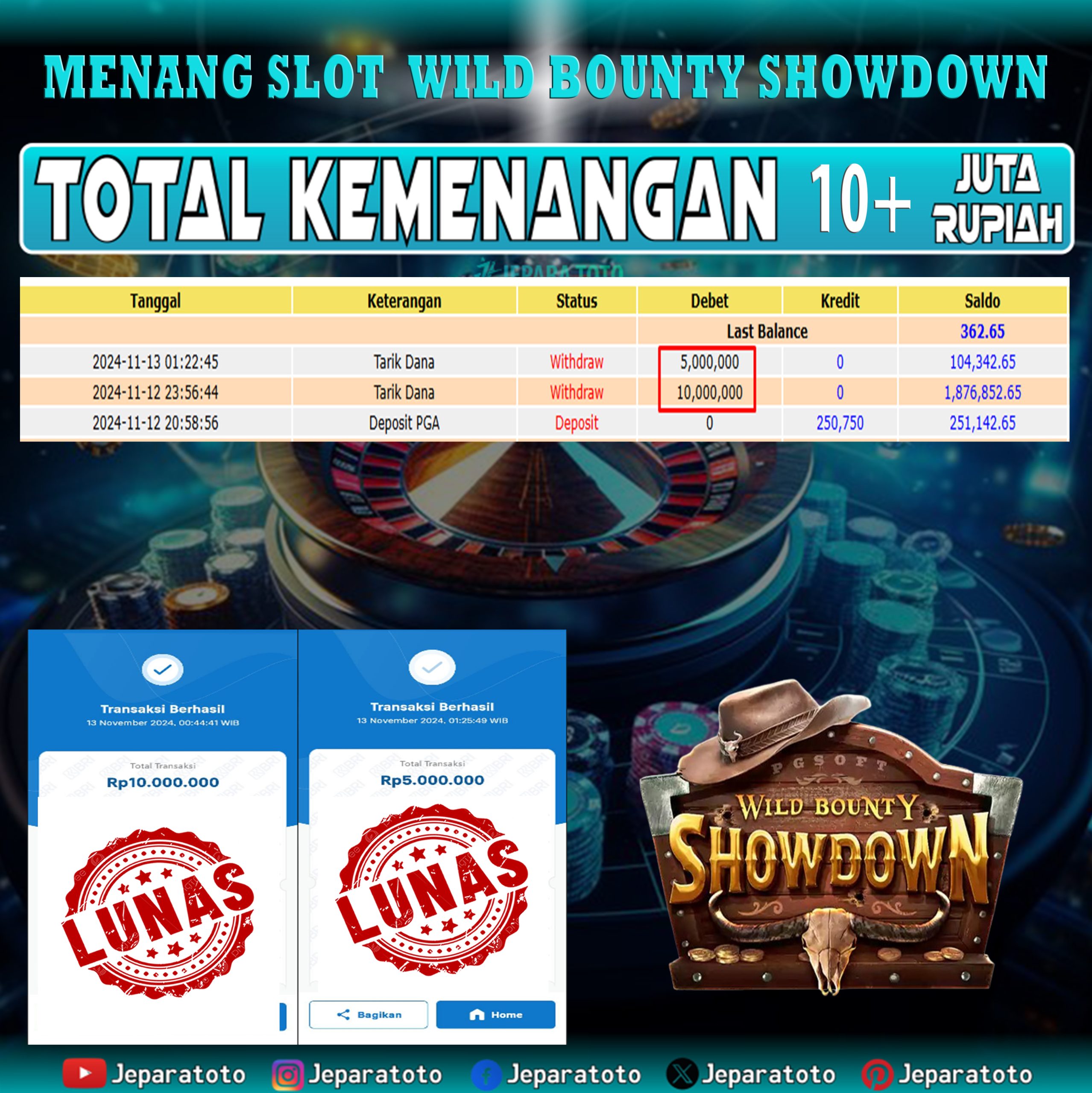 BUKTI KEMENANGAN SLOT BOUNTY SHOWDOWN MEMBER JEPARATOTO