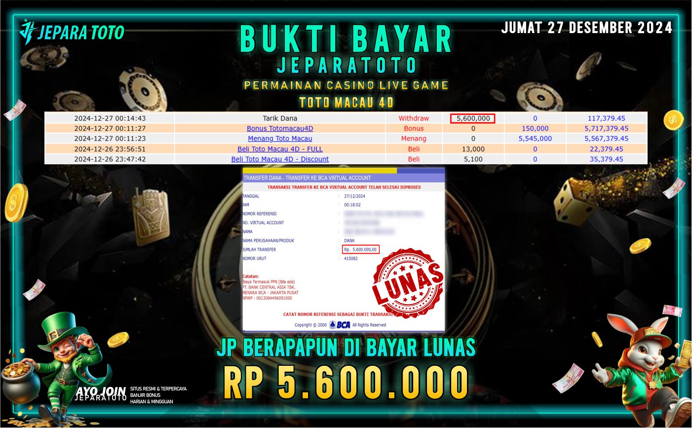 BUKTI KEMENANGAN CASINO LIVE GAME TOTO MACAU 4D MEMBER JEPARATOTO