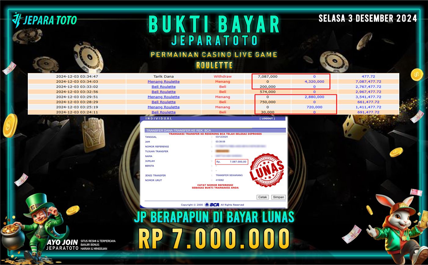 BUKTI KEMENANGAN CASINO LIVE GAME ROULETTE MEMBER JEPARATOTO