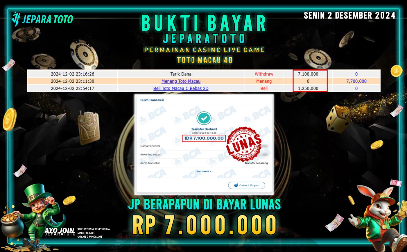 BUKTI KEMENANGAN CASINO LIVE GAME TOTO MACAU 4D MEMBER JEPARATOTO