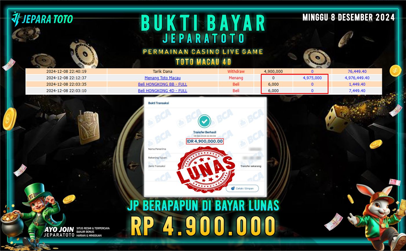 BUKTI KEMENANGAN CASINO LIVE GAME TOTO MACAU 4D MEMBER JEPARATOTO