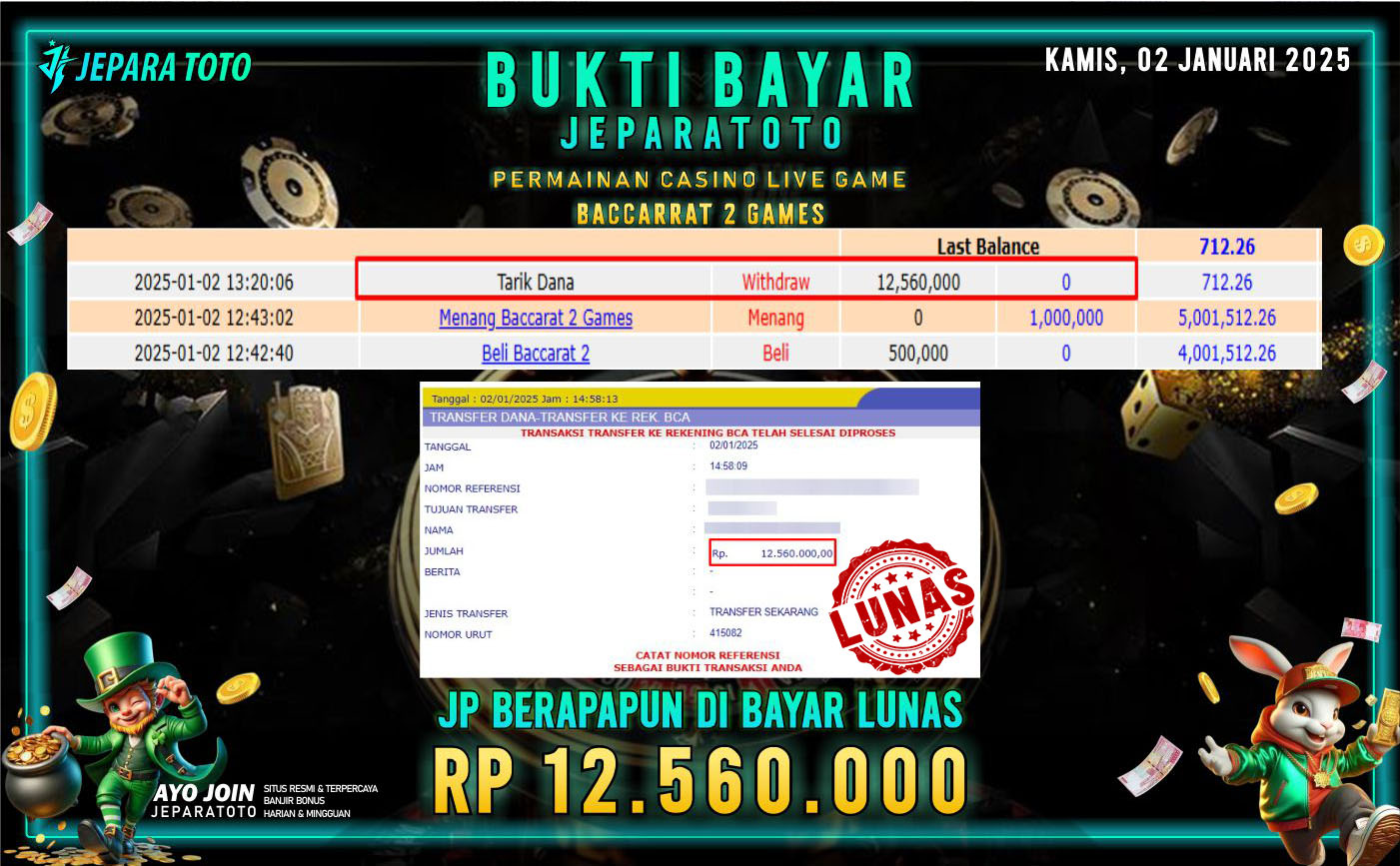 BUKTI KEMENANGAN CASINO LIVE GAME BACCARRAT 2 GAMES MEMBER JEPARATOTO