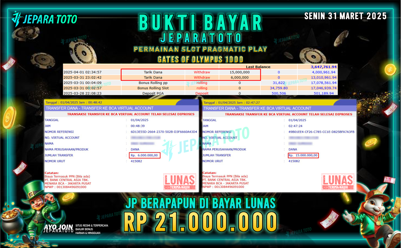 BUKTI KEMENANGAN MEMBER JEPARATOTO SLOT PRAGMATIC PLAY | GAME GATES OF OLYMPUS 1000